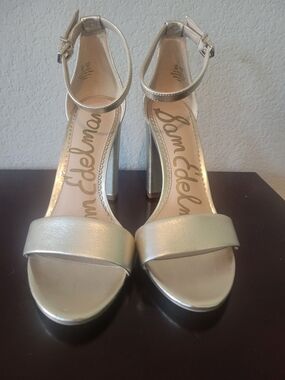 Sam Edelman Metallic Gold Ankle-Strap Block Heel Sandals